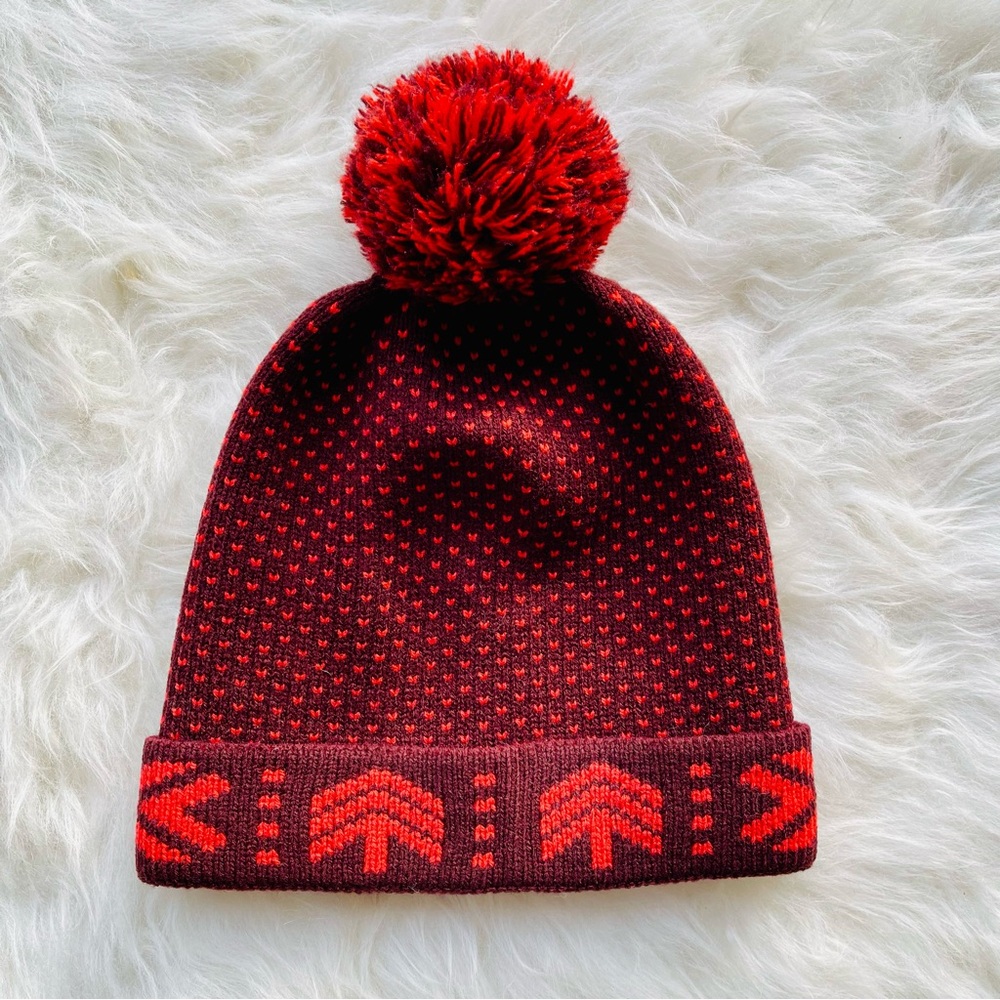 Flylow Red Nordic Scandinavian Knit Red Beanie with Pom-Pom and Geometric Design